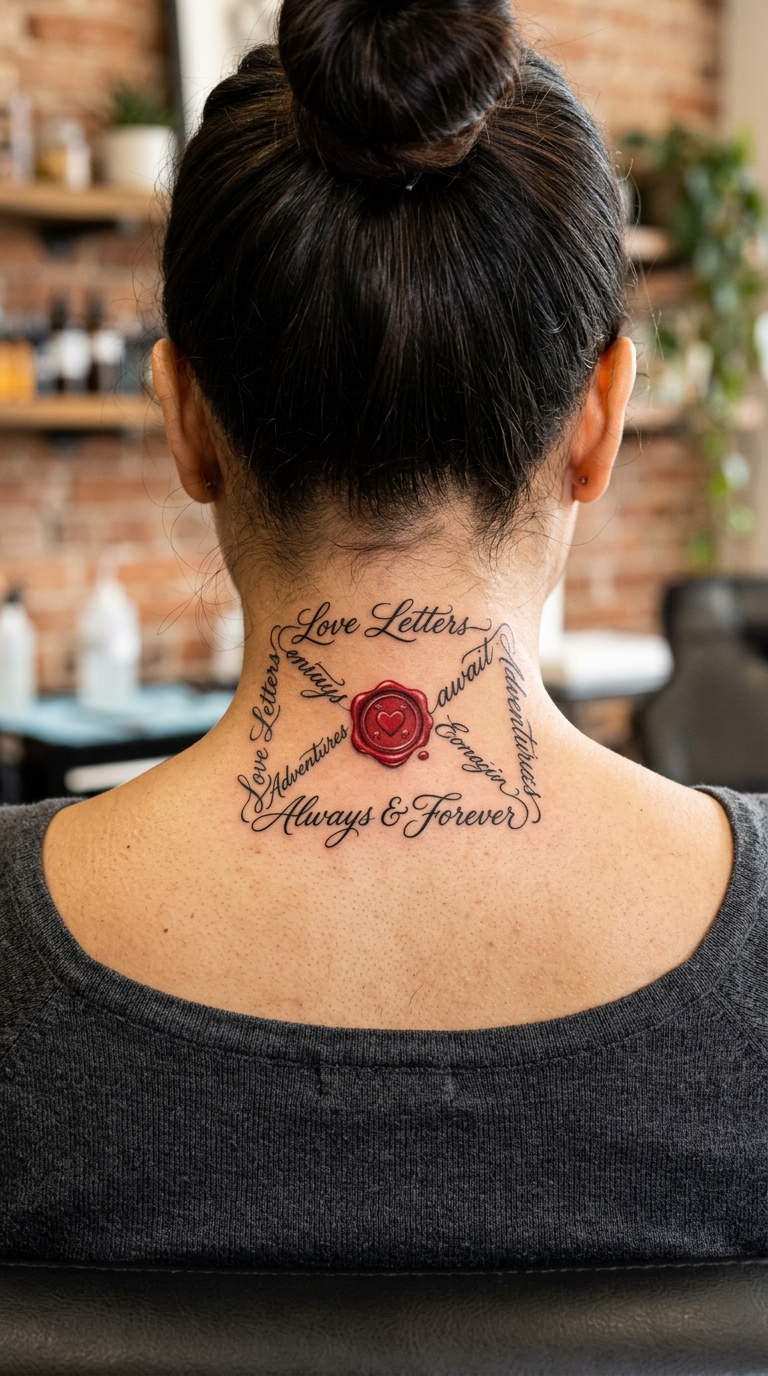 Briefumschlag mit Siegellack als Schrift Tattoo für den Nacken