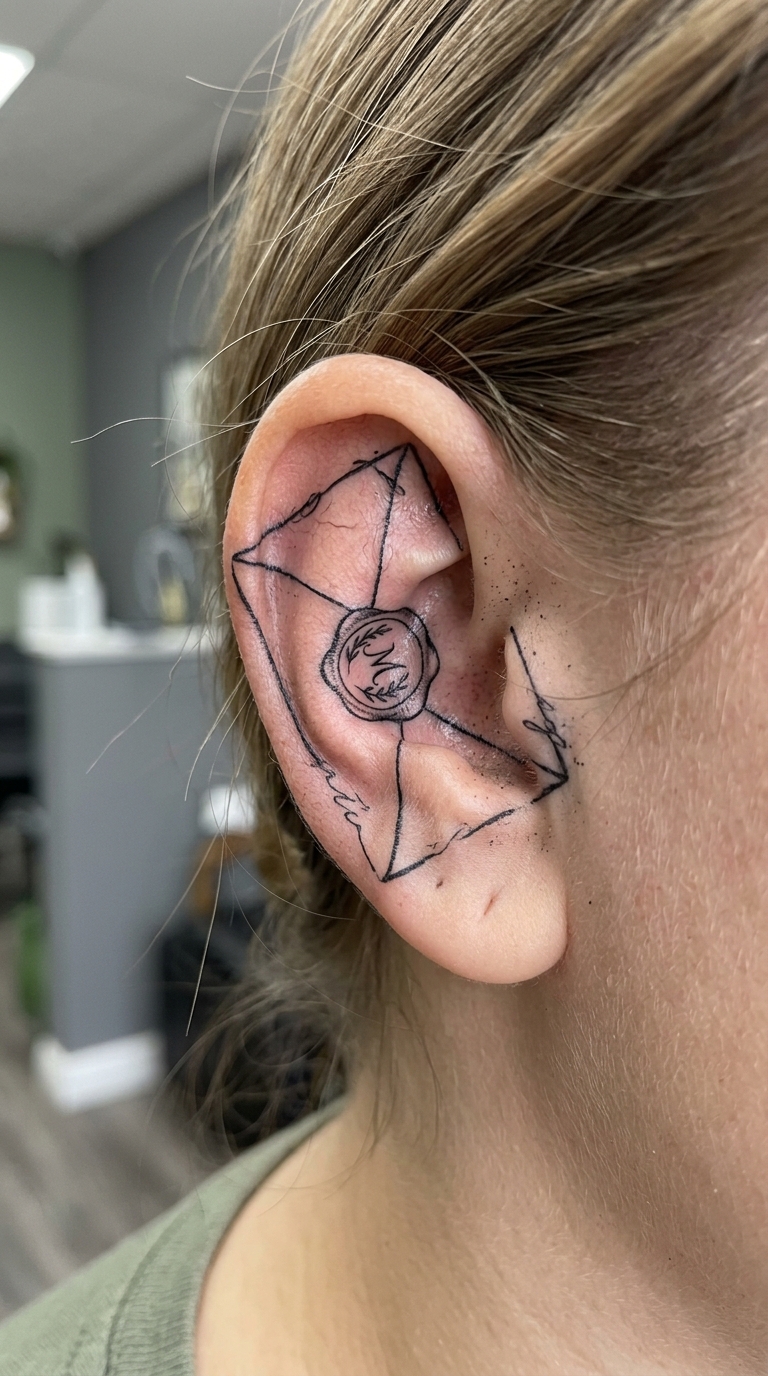 Briefumschlag mit Siegellack als Schrift Tattoo Idee für das Ohr