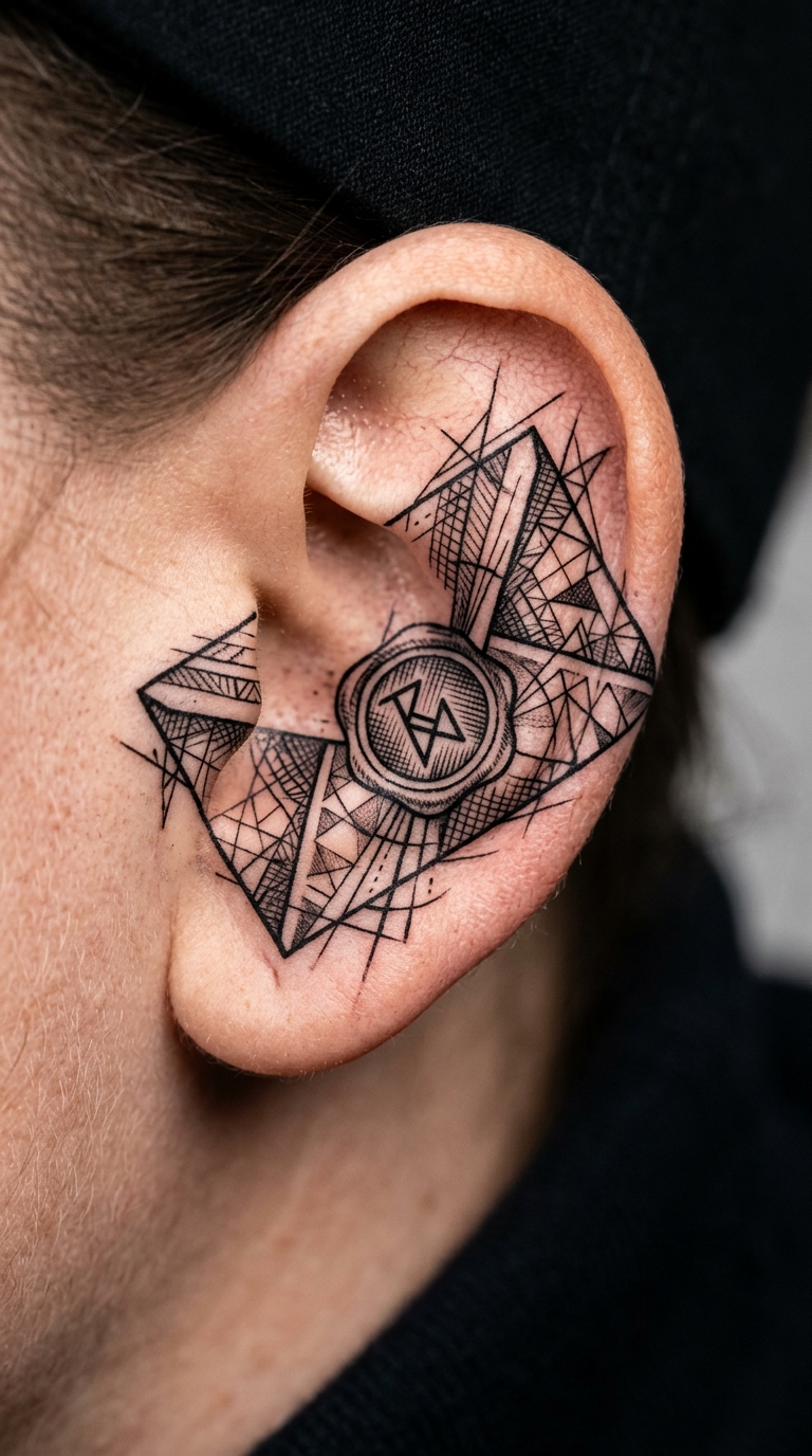 Briefumschlag Tattoo Idee für das Ohr im kreuz und quer Stil