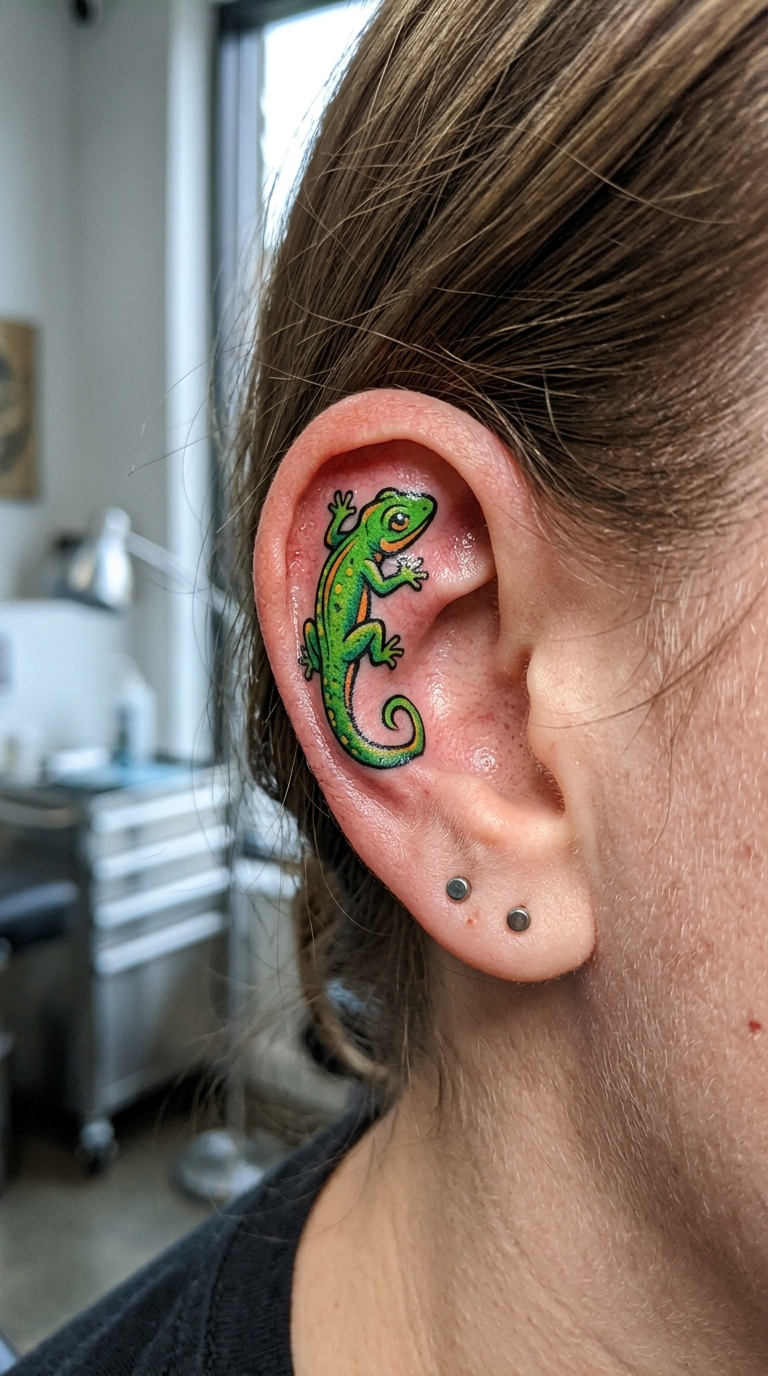 Comic Tattoo Vorlage mit kleiner Eidechse für das Ohr