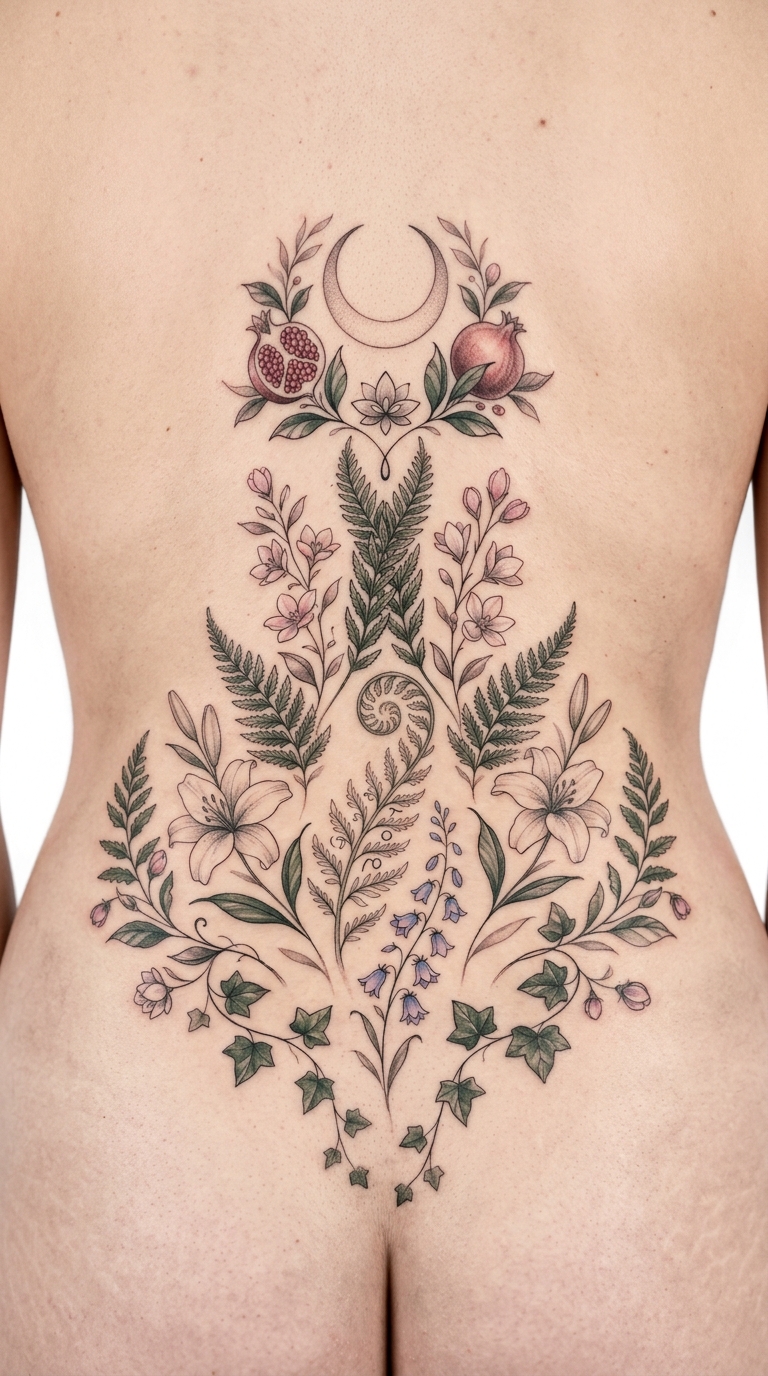 Die Hohepriesterin als florale Tattoo Vorlage für das Steißbein