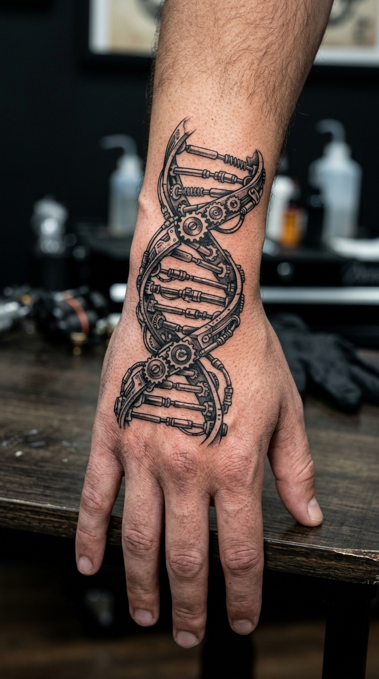 DNA-Strang als biomechanisches Tattoo für die Hand