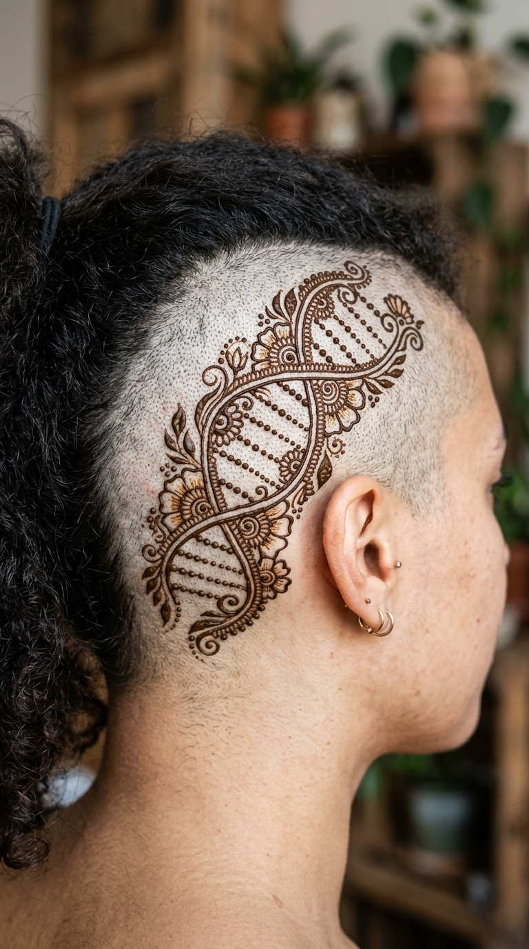 DNA-Strang als Henna Tattoo Idee für den Kopf