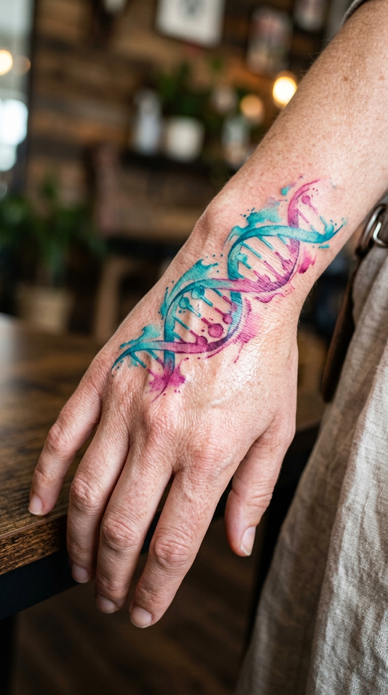 DNA-Strang als lebendiges Aquarell Tattoo für die Hand