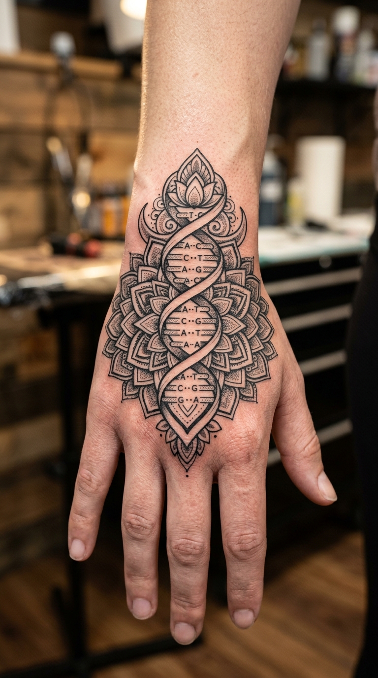 DNA-Strang als Mandala Tattoo für die Hand