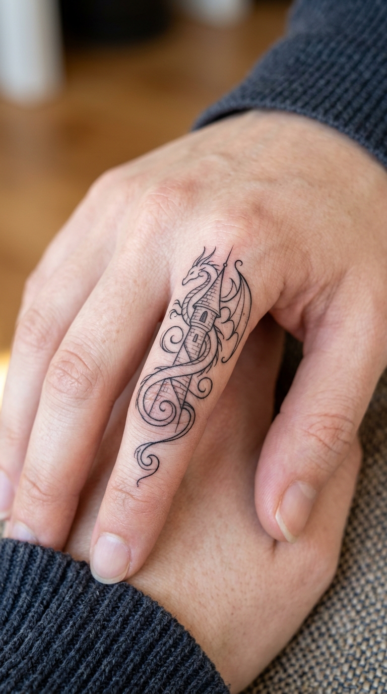 Drache um Turm als geschwungenes Schrift Tattoo auf dem Finger