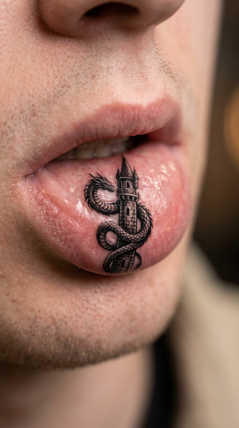 Drache und Turm als 3D Tattoo für die Unterlippe