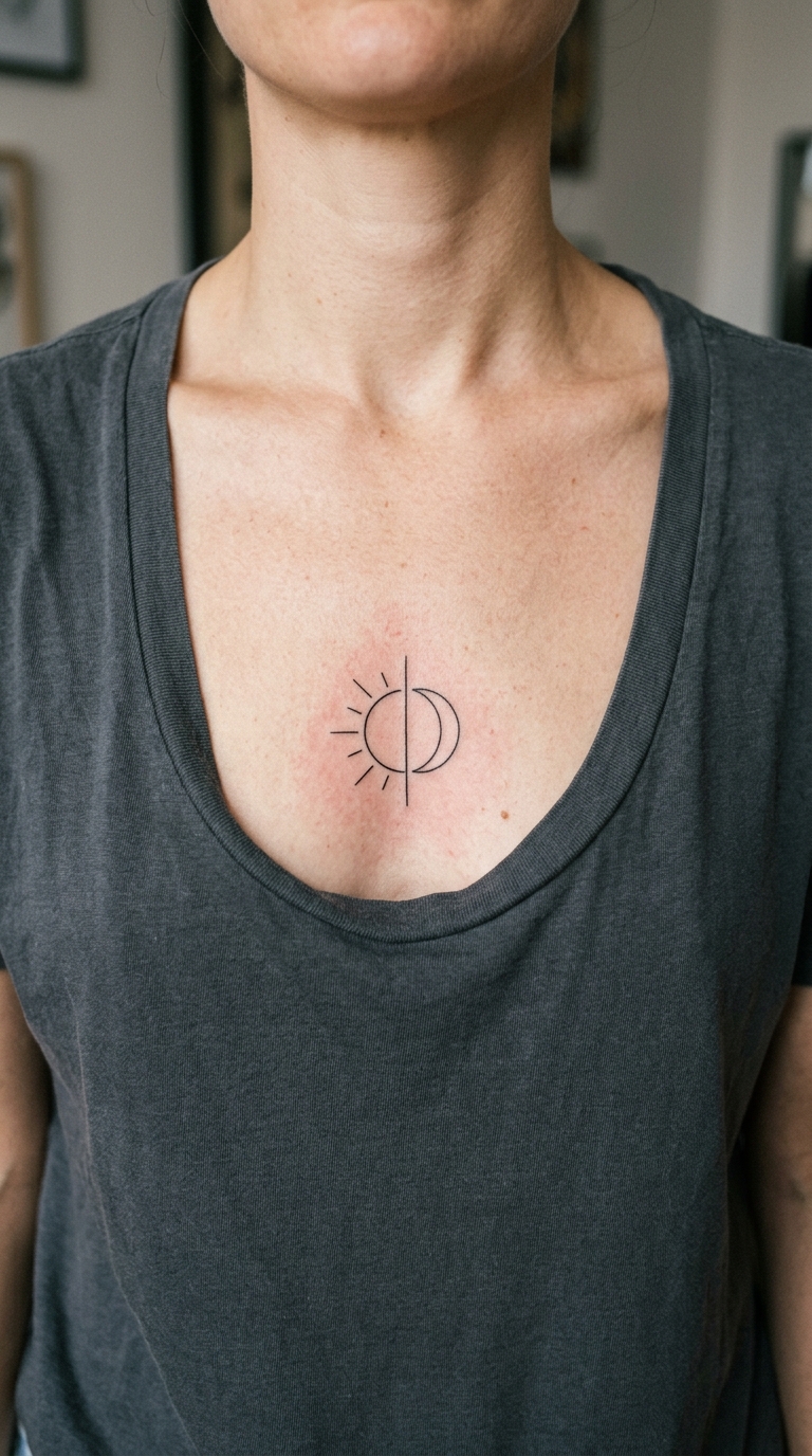 Dualismus von Licht und Schatten als minimalistisches Tattoo für Brust & Oberkörper