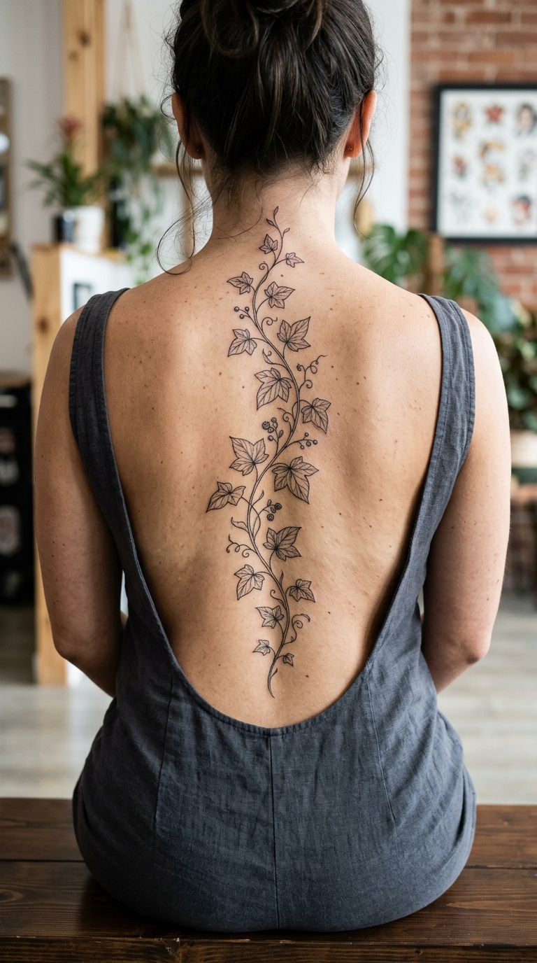 Efeuranke als zartes Fineline Tattoo für den Rücken