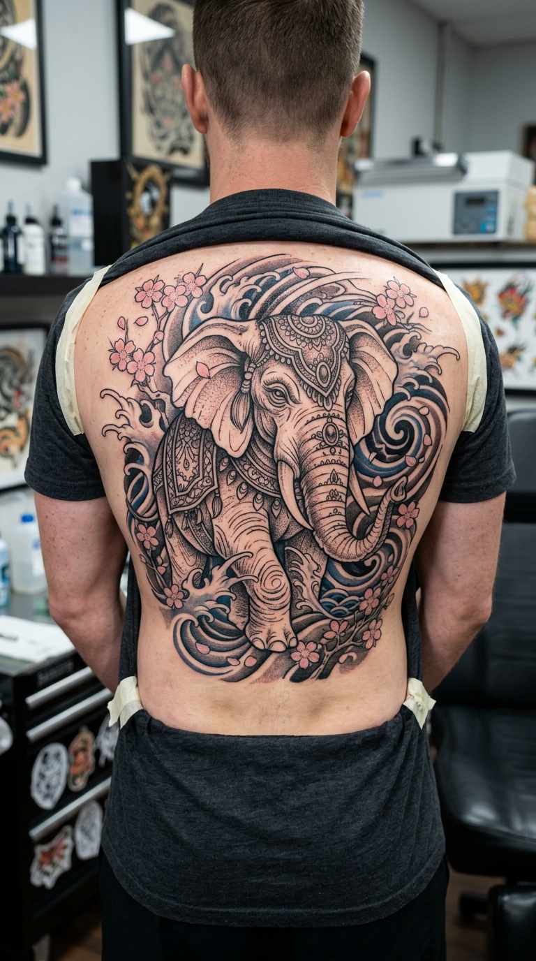 Elefant als kraftvolles japanisches Tattoo für den Rücken