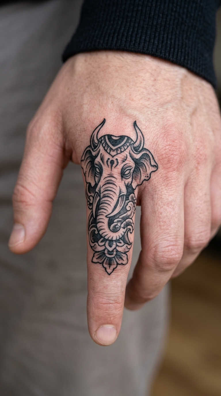 Elefant im japanischen Stil als Tattoo Idee für den Finger