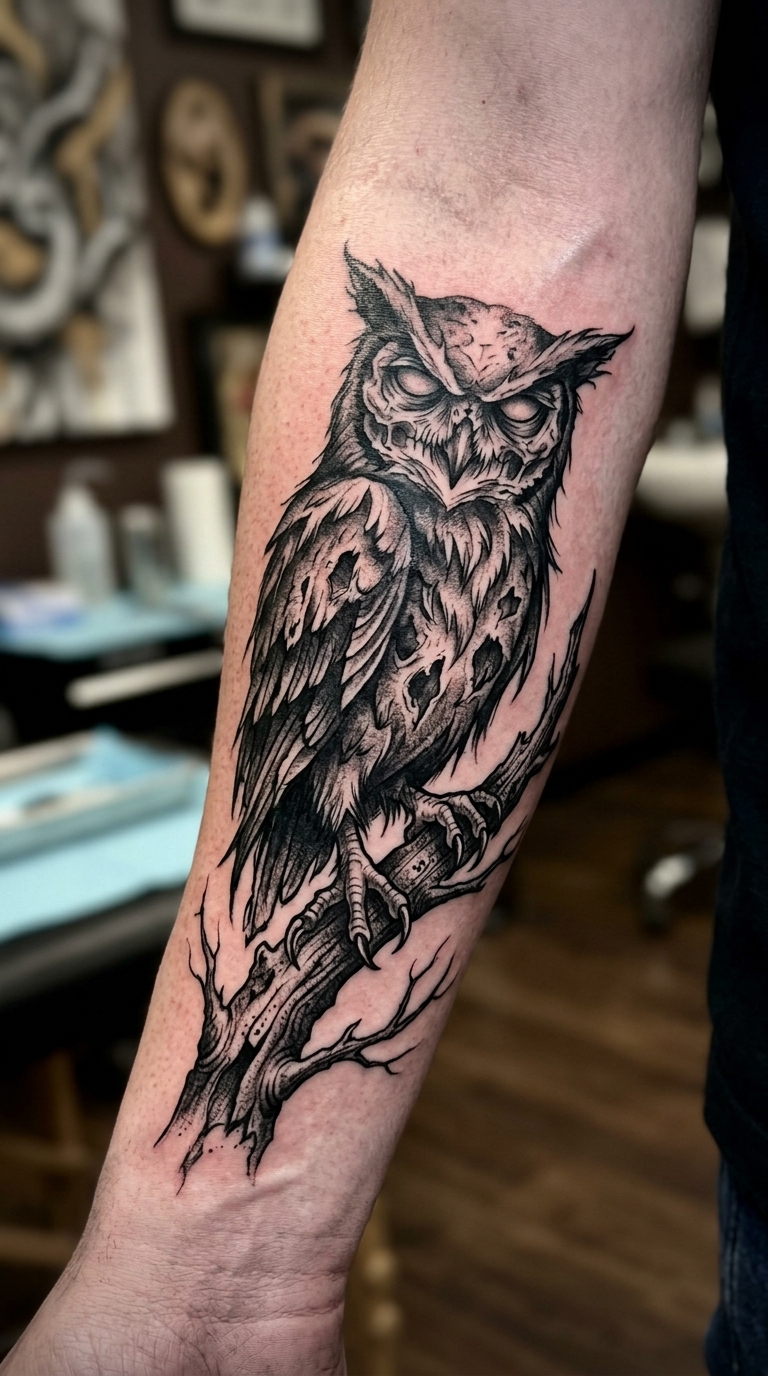 Eule als Horror Tattoo für den Arm