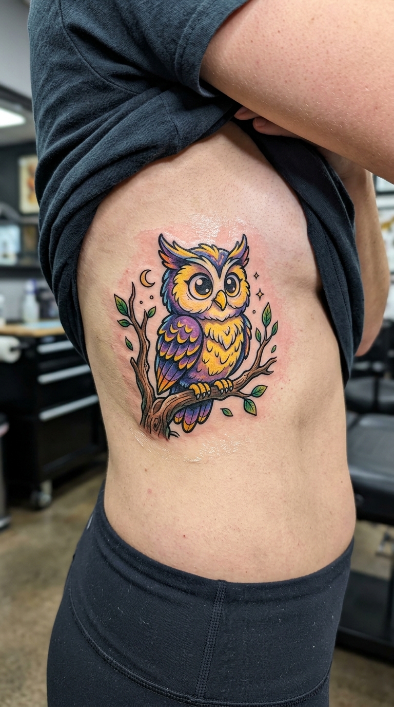 Eule auf einem Ast als Comic Tattoo für die Rippen