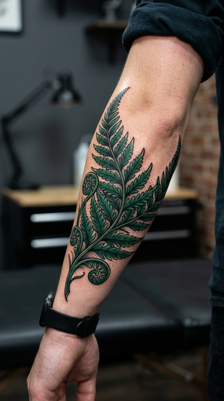 Farnwedel als Neo Traditional Tattoo für den Arm