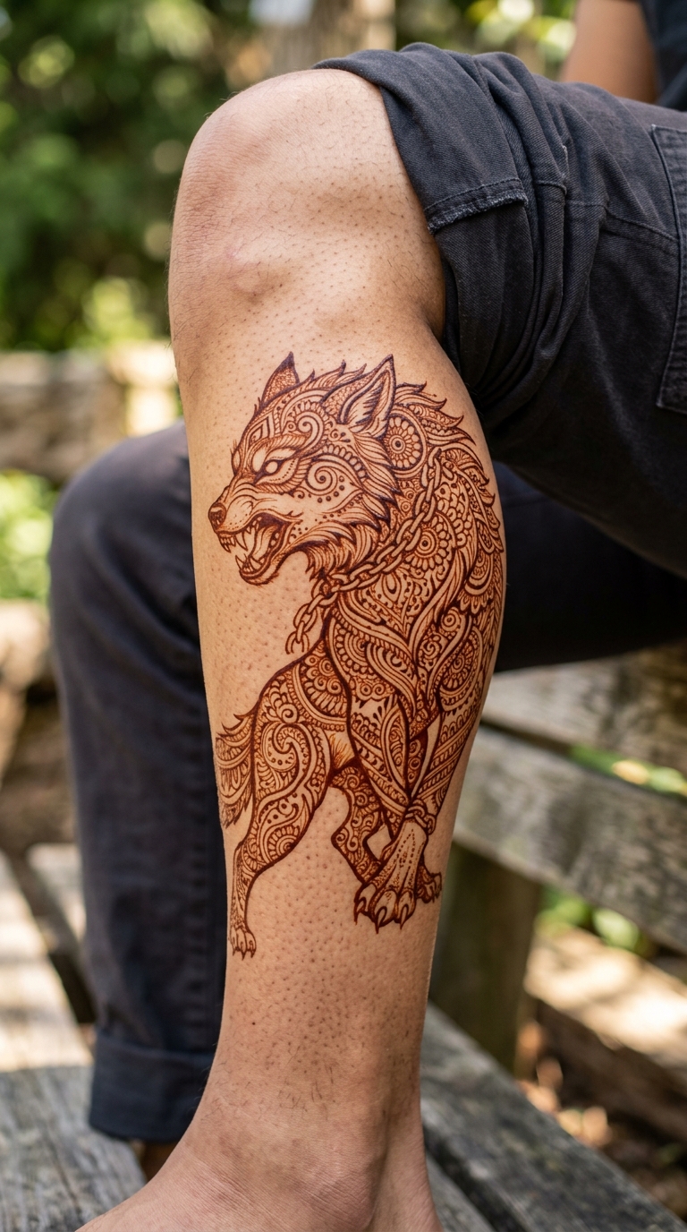 Fenrir der Wolfsgott als Henna Tattoo Vorlage für das Bein
