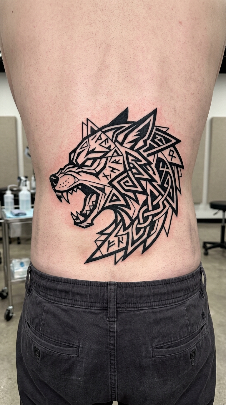Fenrir der Wolfsgott als Zeichen und Symbol Tattoo für das Steißbein