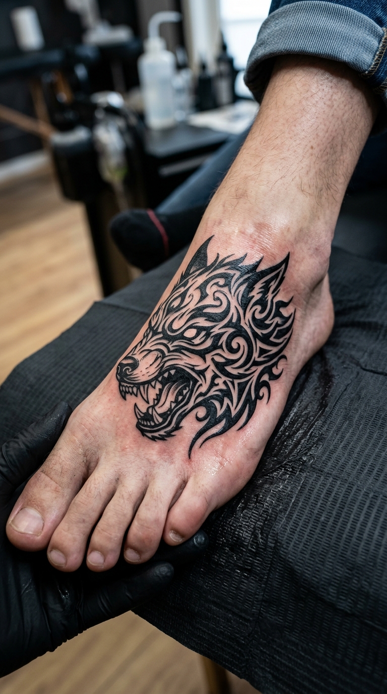 Fenrir Wolf als kraftvolles Tribal Tattoo für den Fuß