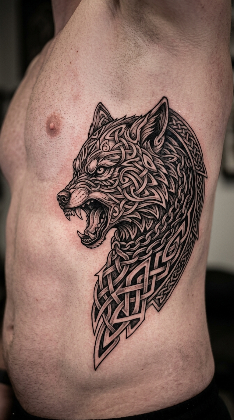 Fenrir Wolf als Wikinger und Celtic Tattoo für die Rippen