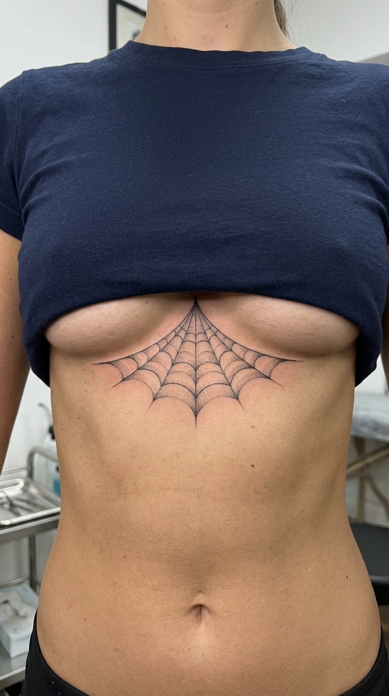 Filigranes Spinnennetz Tattoo als Underboob Design
