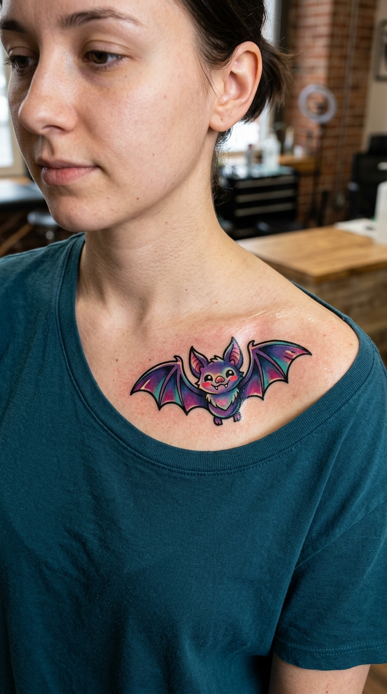 Fledermaus als Comic Tattoo Idee für das Schlüsselbein