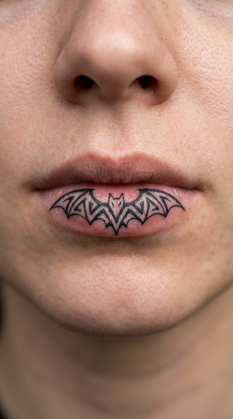 Fledermaus als Tribal Tattoo für die Unterlippe