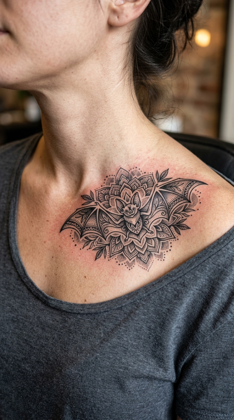 Fledermaus Motiv als Mandala Tattoo für das Schlüsselbein