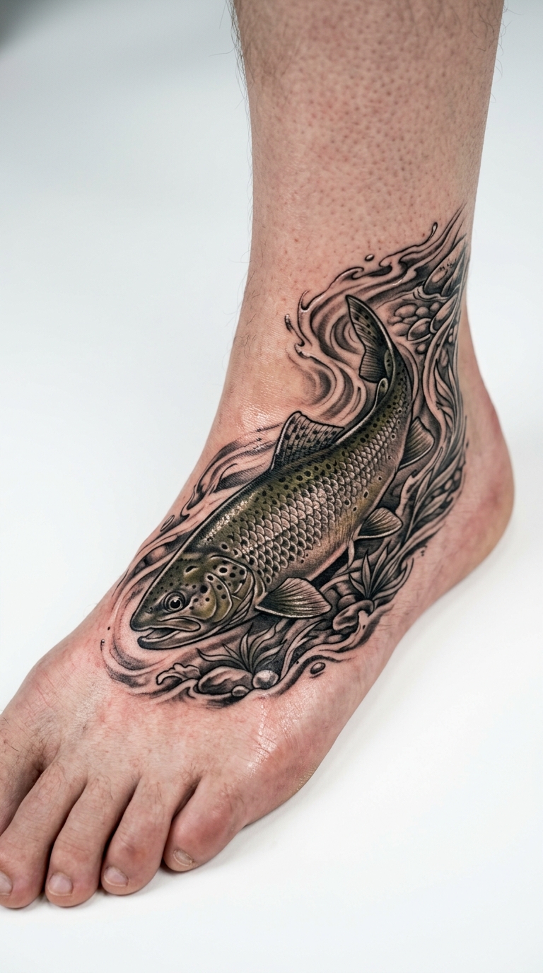 Forelle im Gebirgsbach Tattoo Idee für den Fuß