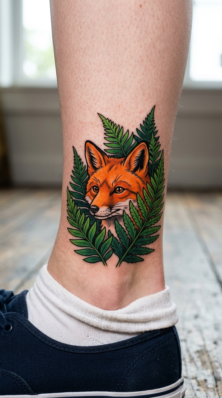 Fuchs zwischen Farnen als Comic Tattoo für den Knöchel