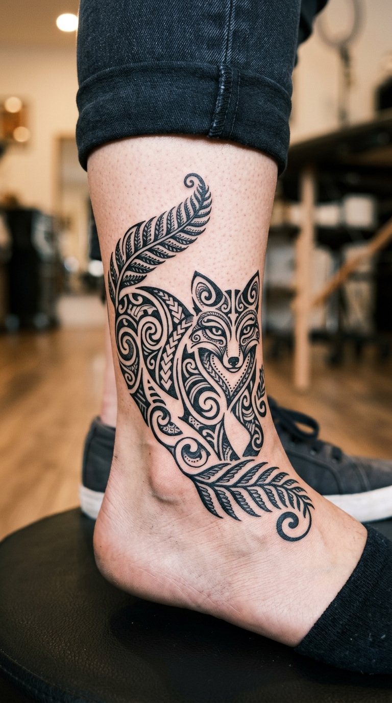 Fuchs zwischen Farnen als Maori Tattoo Idee für den Knöchel