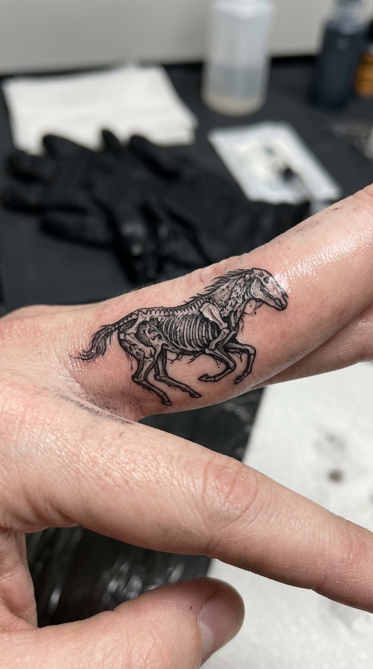 Galoppierendes Skelettpferd als Horror Tattoo Idee für den Finger