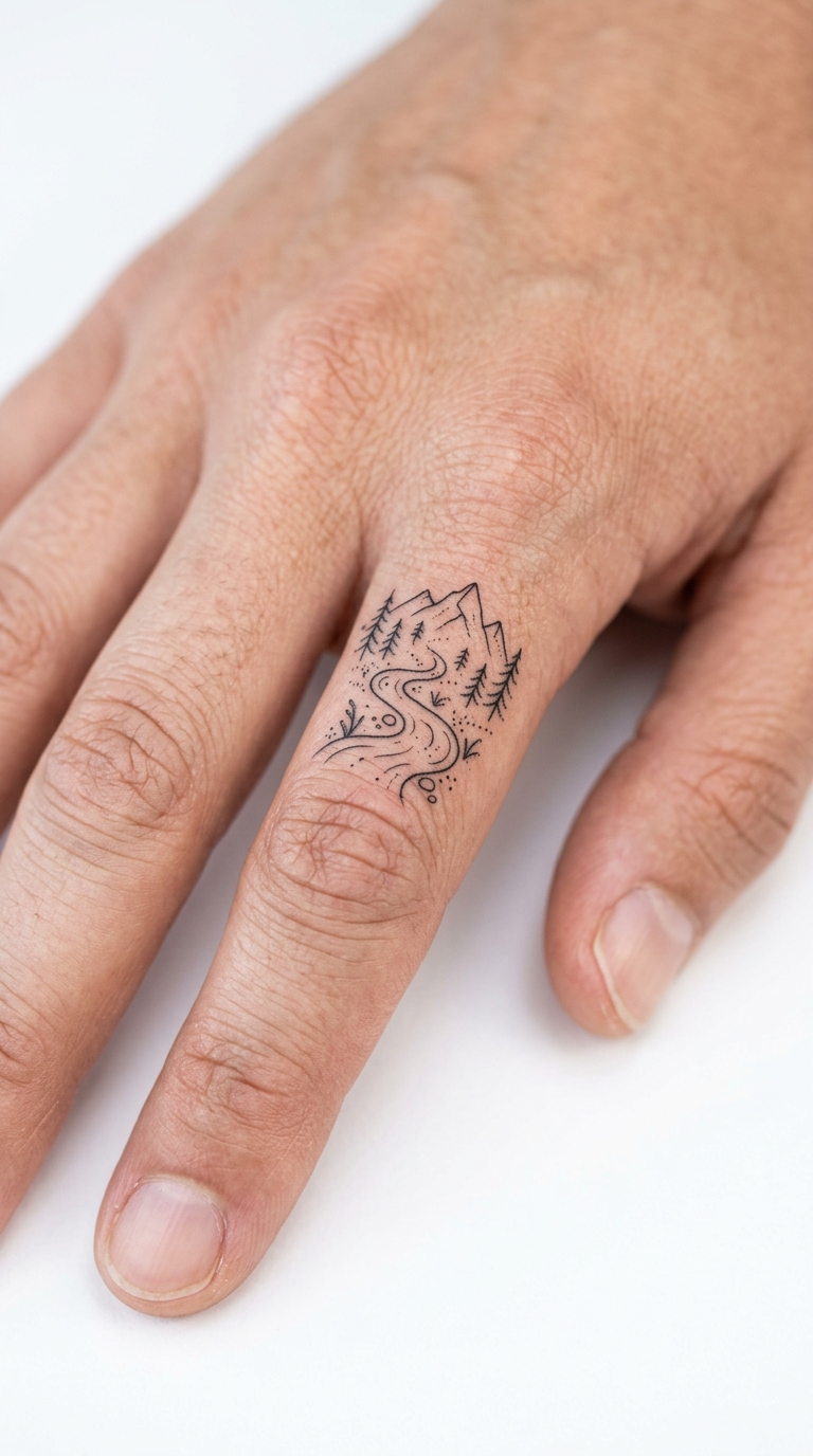 Gebirgsbach als minimalistisches Tattoo für den Finger