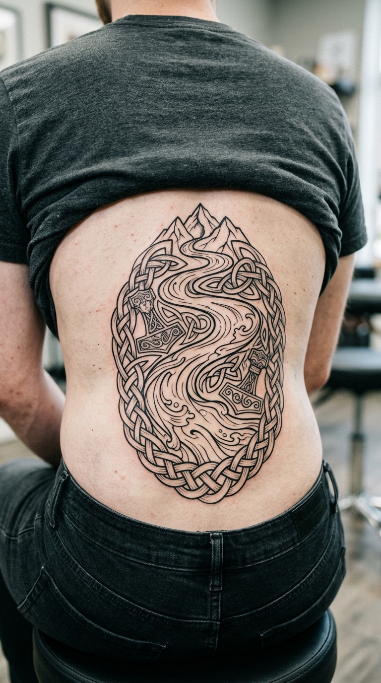 Gebirgsbach als Wikinger und Celtic Tattoo für das Steißbein