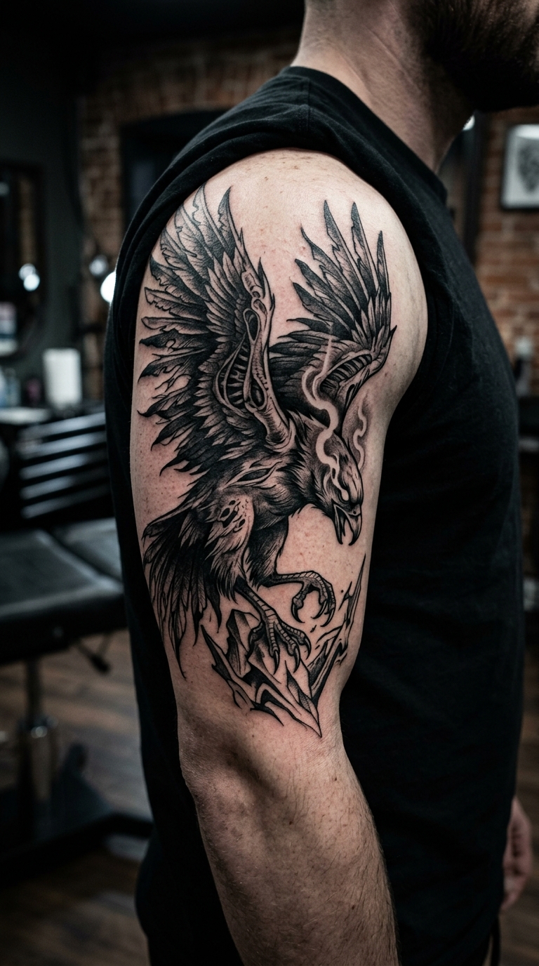 Gefieder des Grauens Roc Vogel als Horror Tattoo für den Oberarm