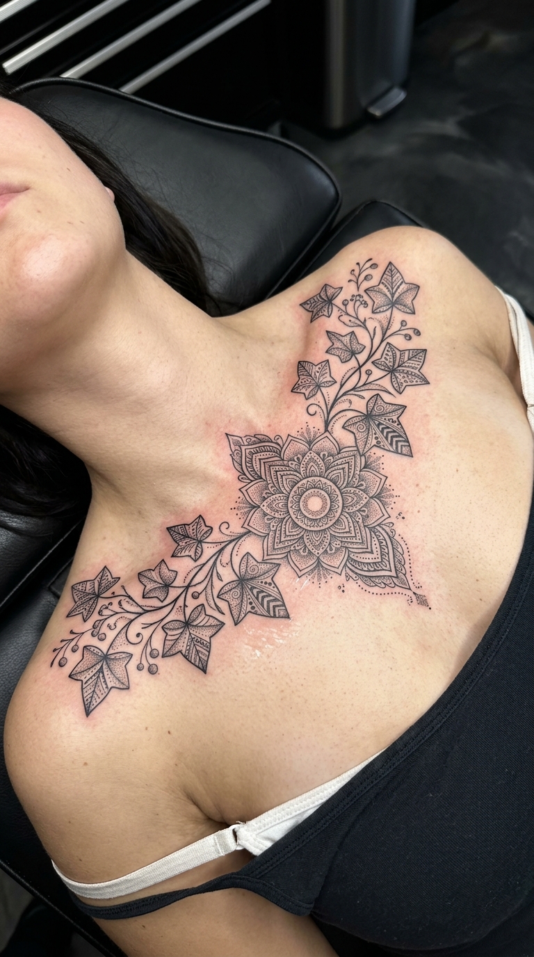 Geometrische Ranken als Mandala Tattoo für das Schlüsselbein