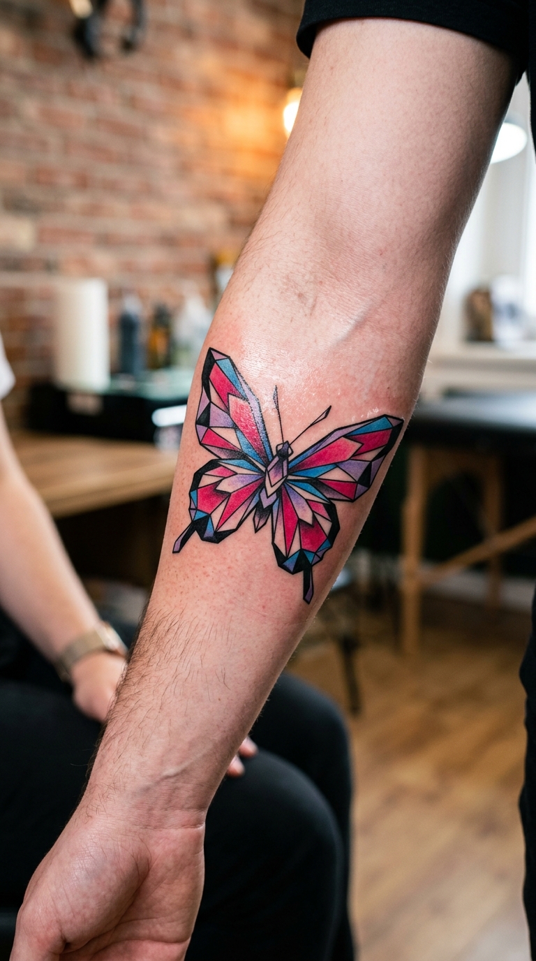 Geometrischer Schmetterling als Anime Tattoo Idee für den Unterarm