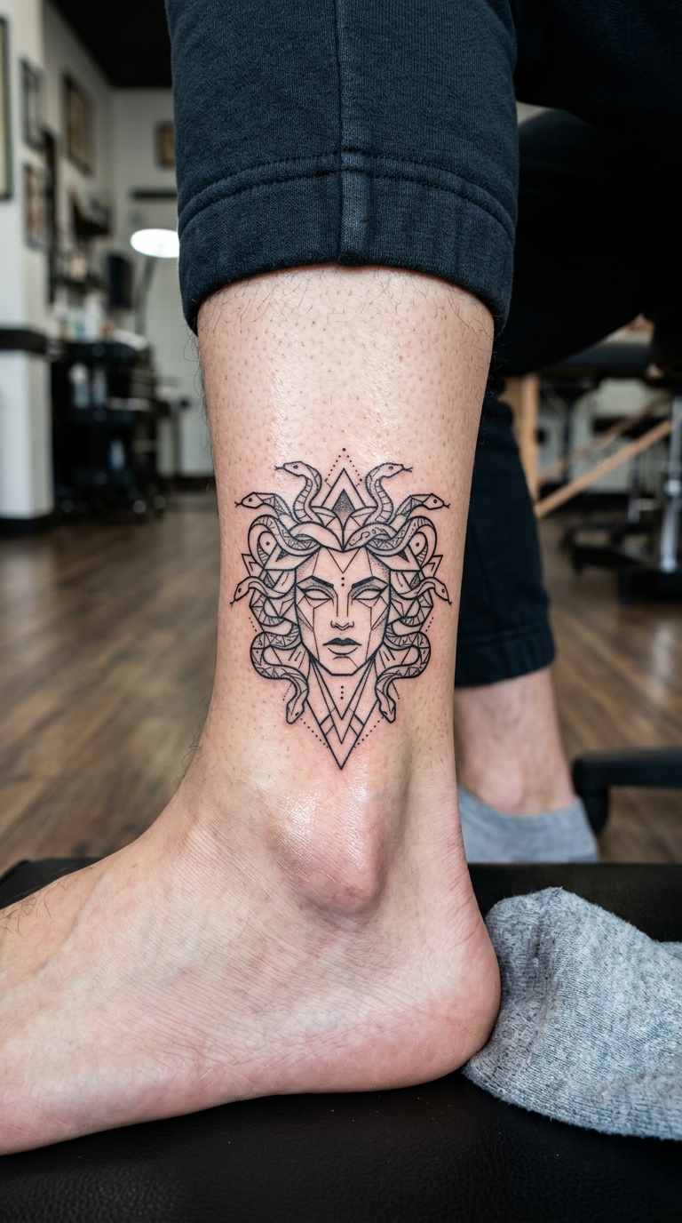 Geometrisches Medusa Tattoo als Motiv für den Knöchel
