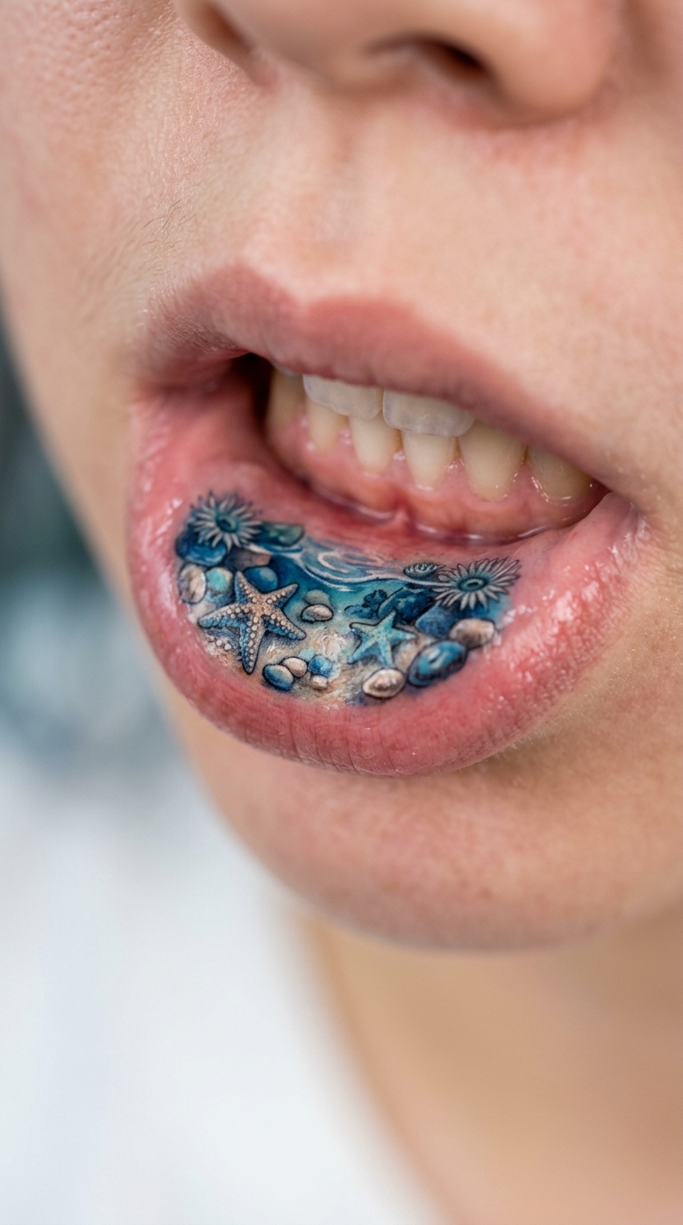 Gezeitentümpel als Cover up Tattoo für die Unterlippe
