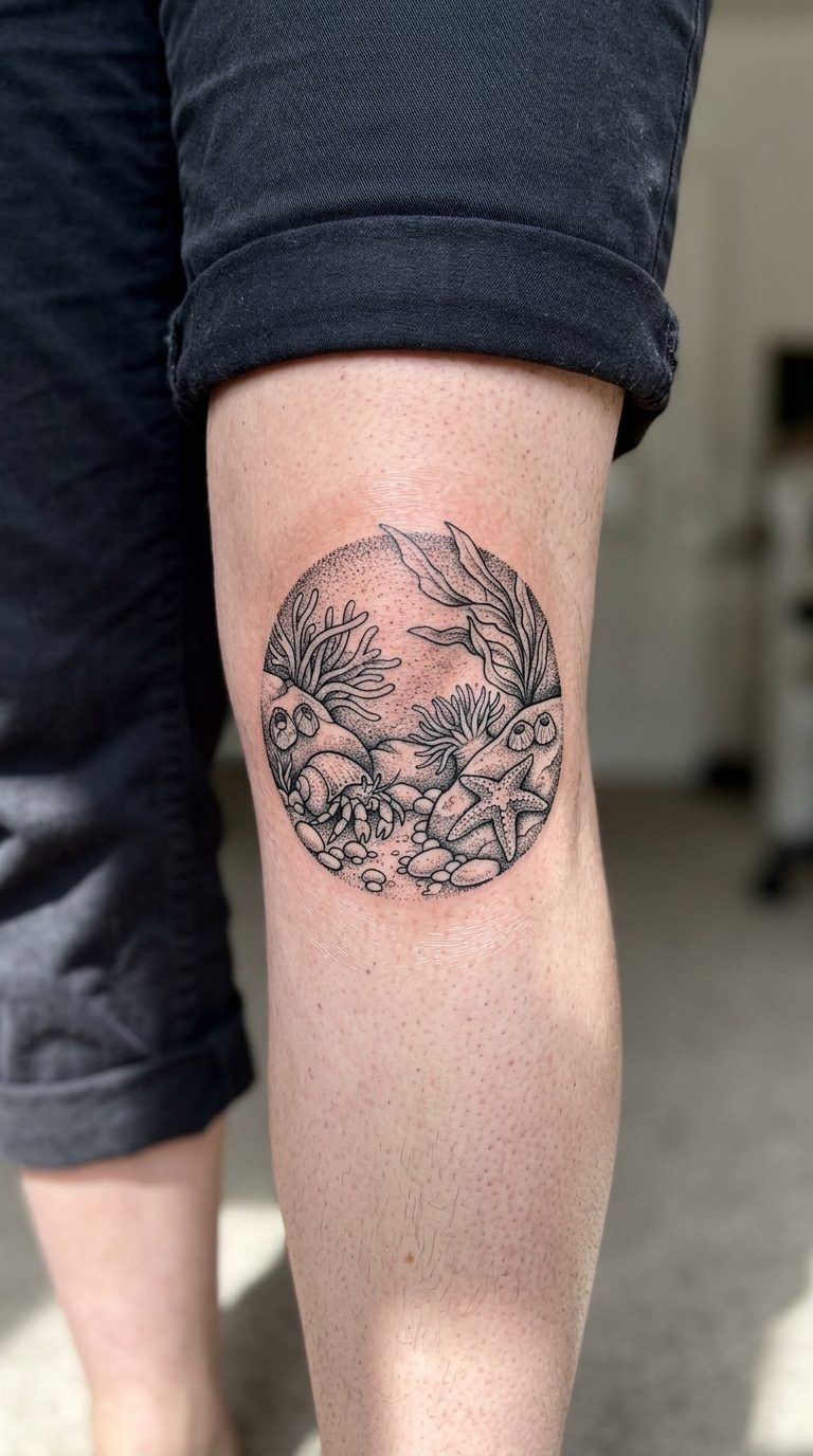 Gezeitentümpel als Dotwork Tattoo für die Kniekehle