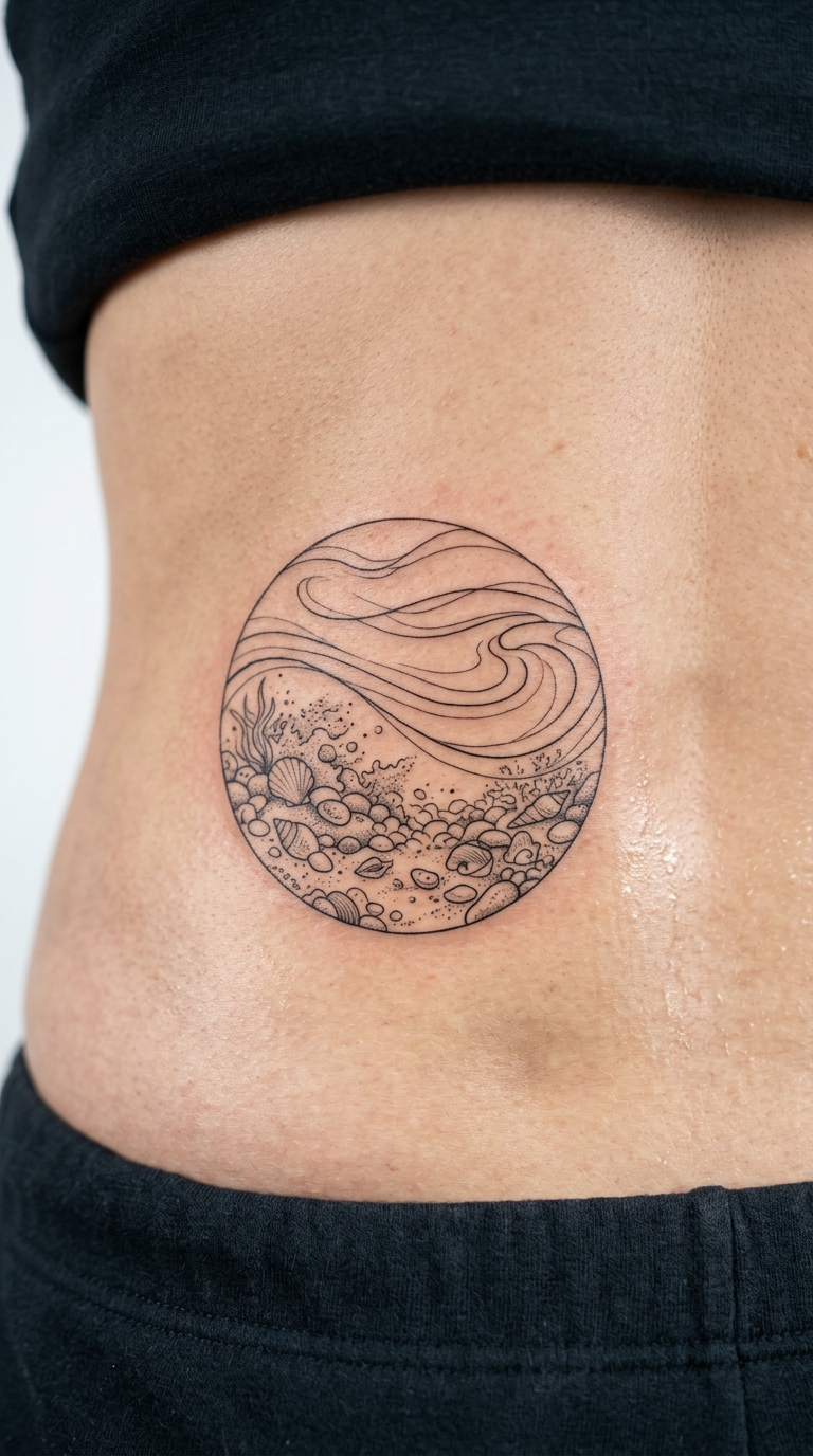 Gezeitentümpel als zartes Fineline Tattoo für das Steißbein