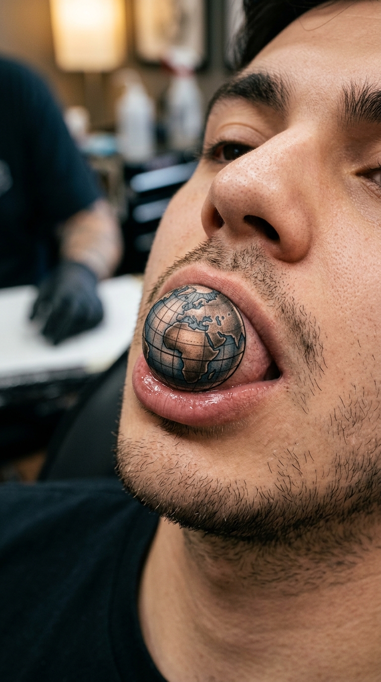 Globus mit Koordinaten als 3D Tattoo für die Unterlippe