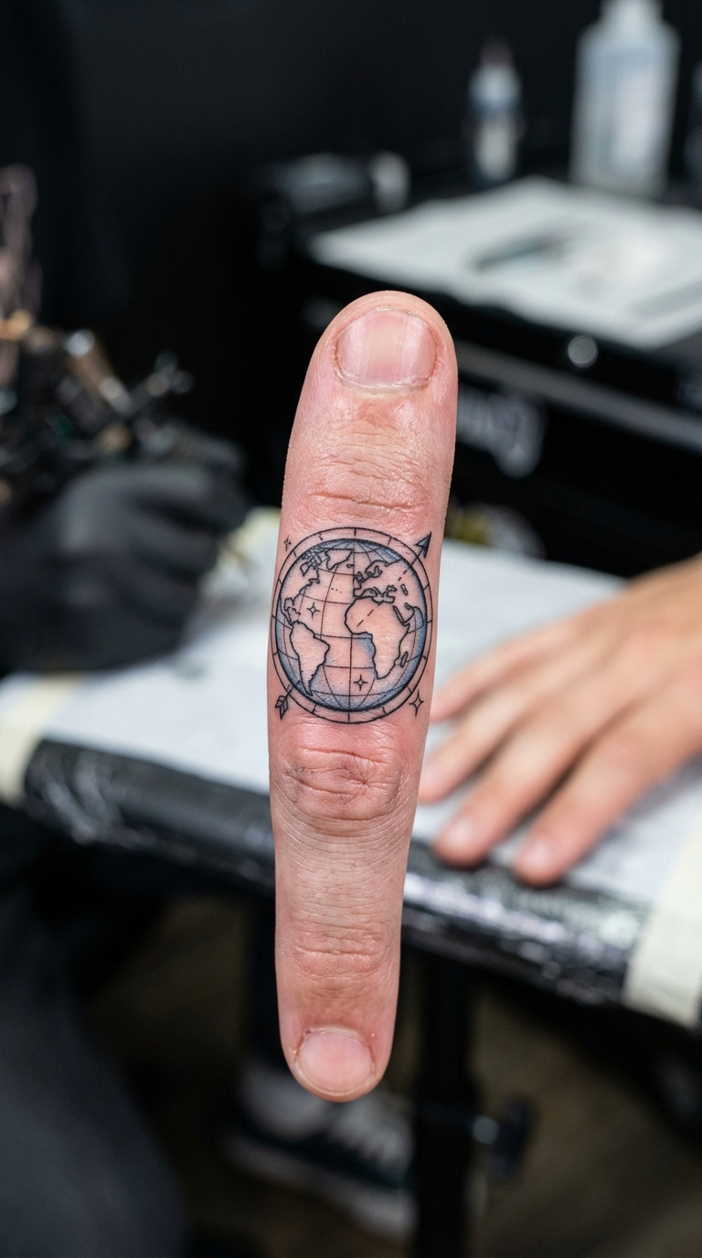 Globus mit Koordinaten als Anime Tattoo für den Finger