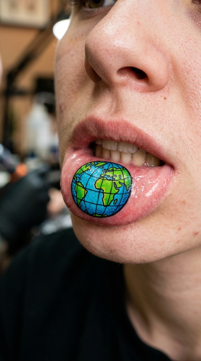 Globus mit Koordinaten als buntes Comic Tattoo für die Unterlippe