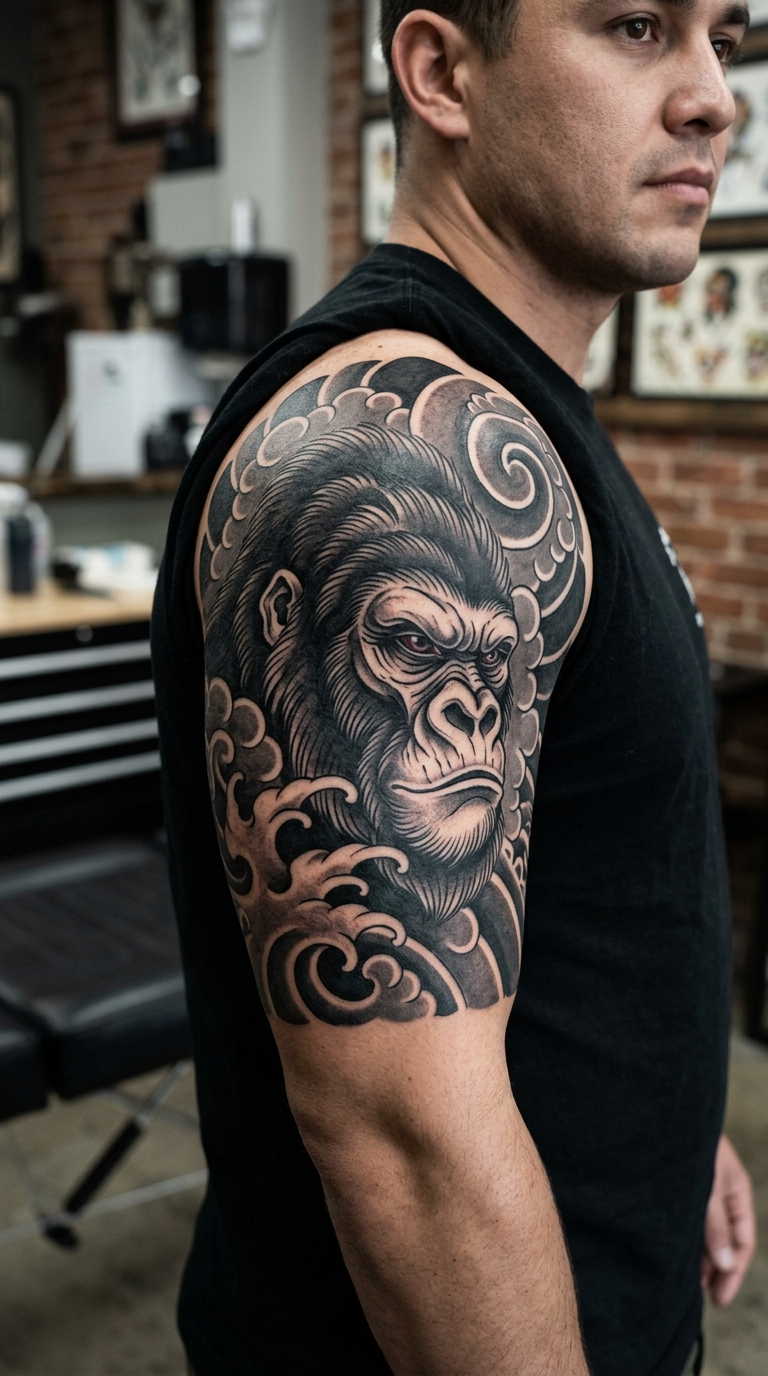 Gorilla als kraftvolles Japanisch Tattoo für die Schulter