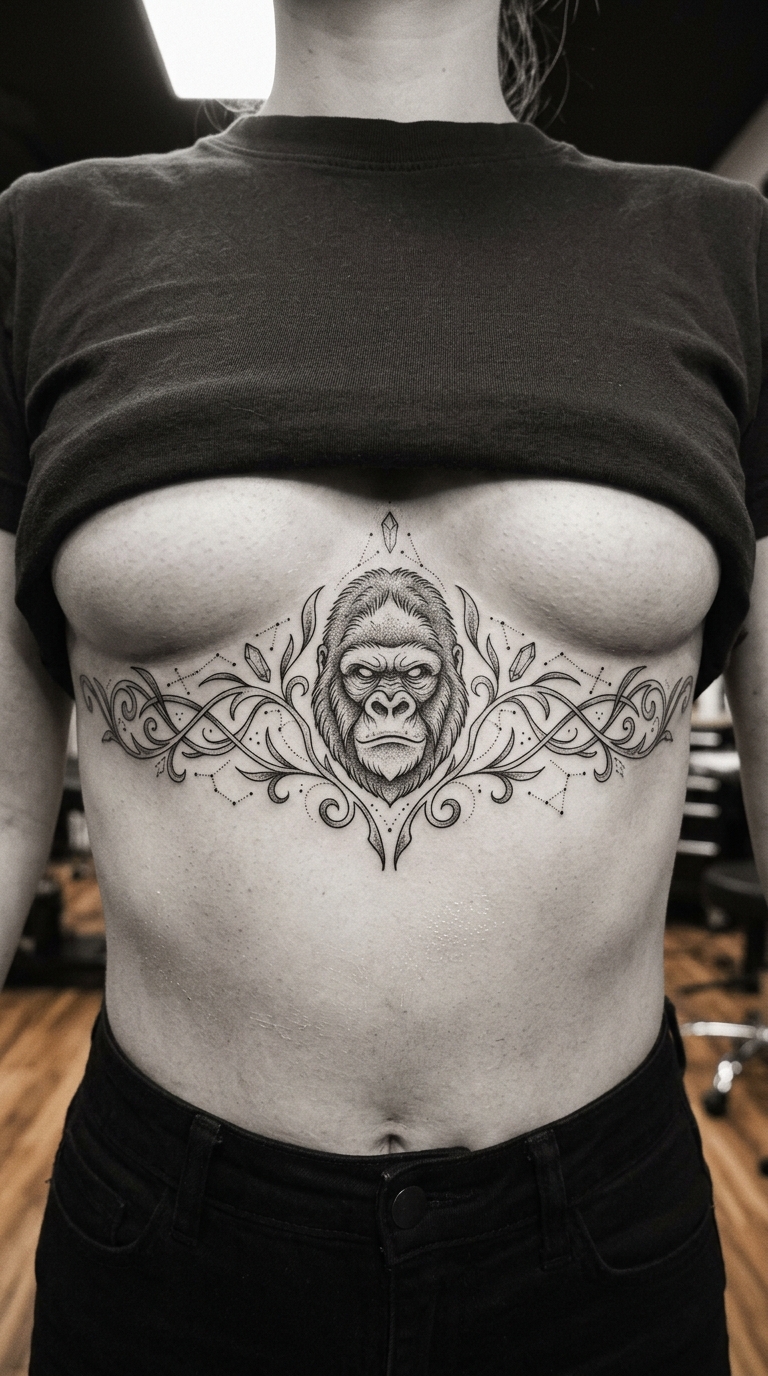 Gorilla als mystisches Fantasy Tattoo für den Underboob