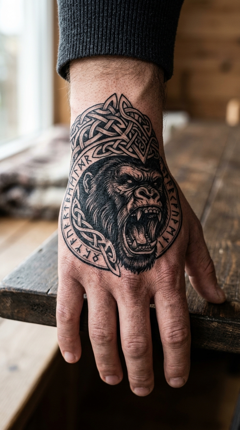 Gorilla als Wikinger und Celtic Tattoo für die Hand