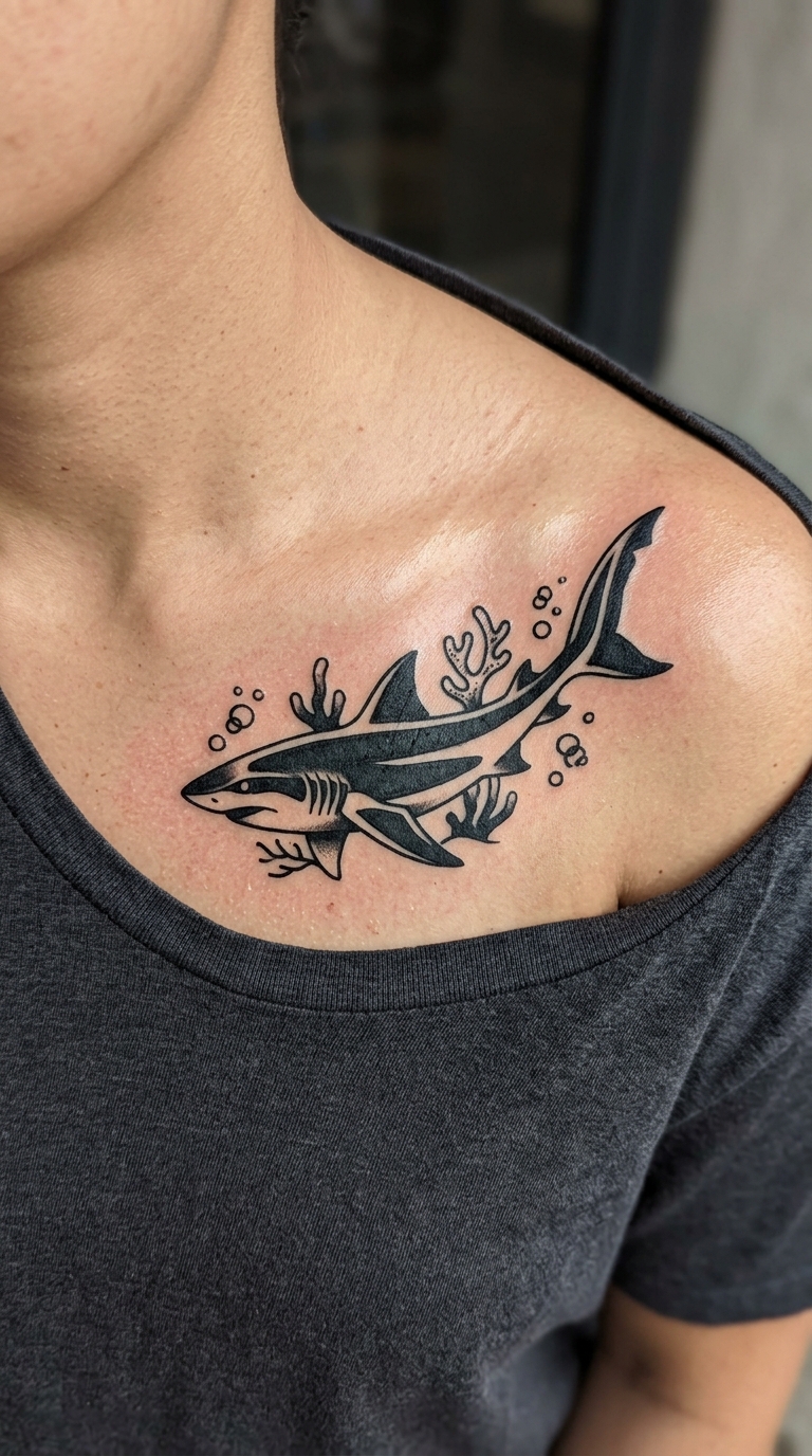 Hai in der Tiefsee als Blackwork Tattoo für das Schlüsselbein