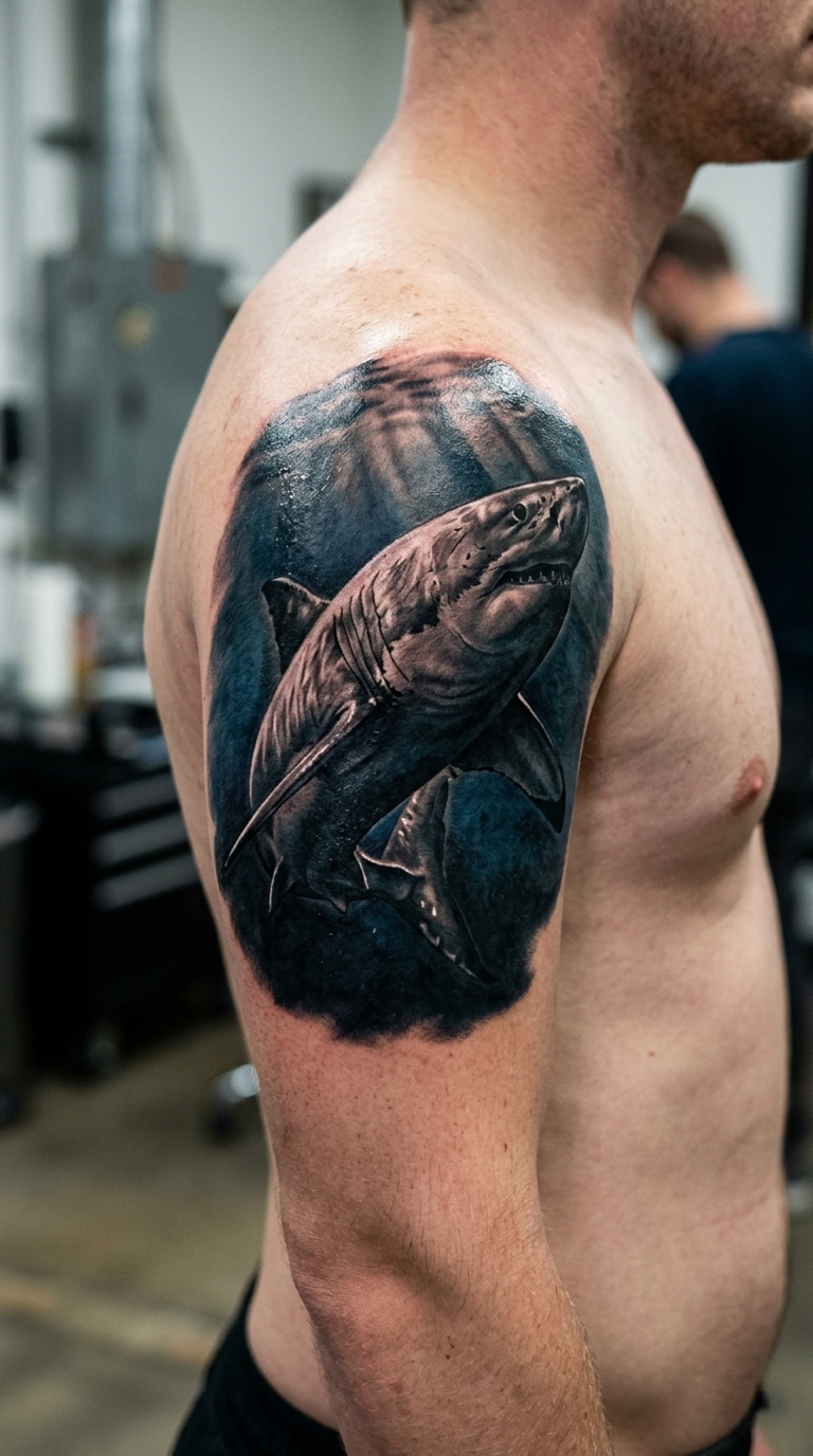 Hai in der Tiefsee als Tattoo Idee für den Oberarm