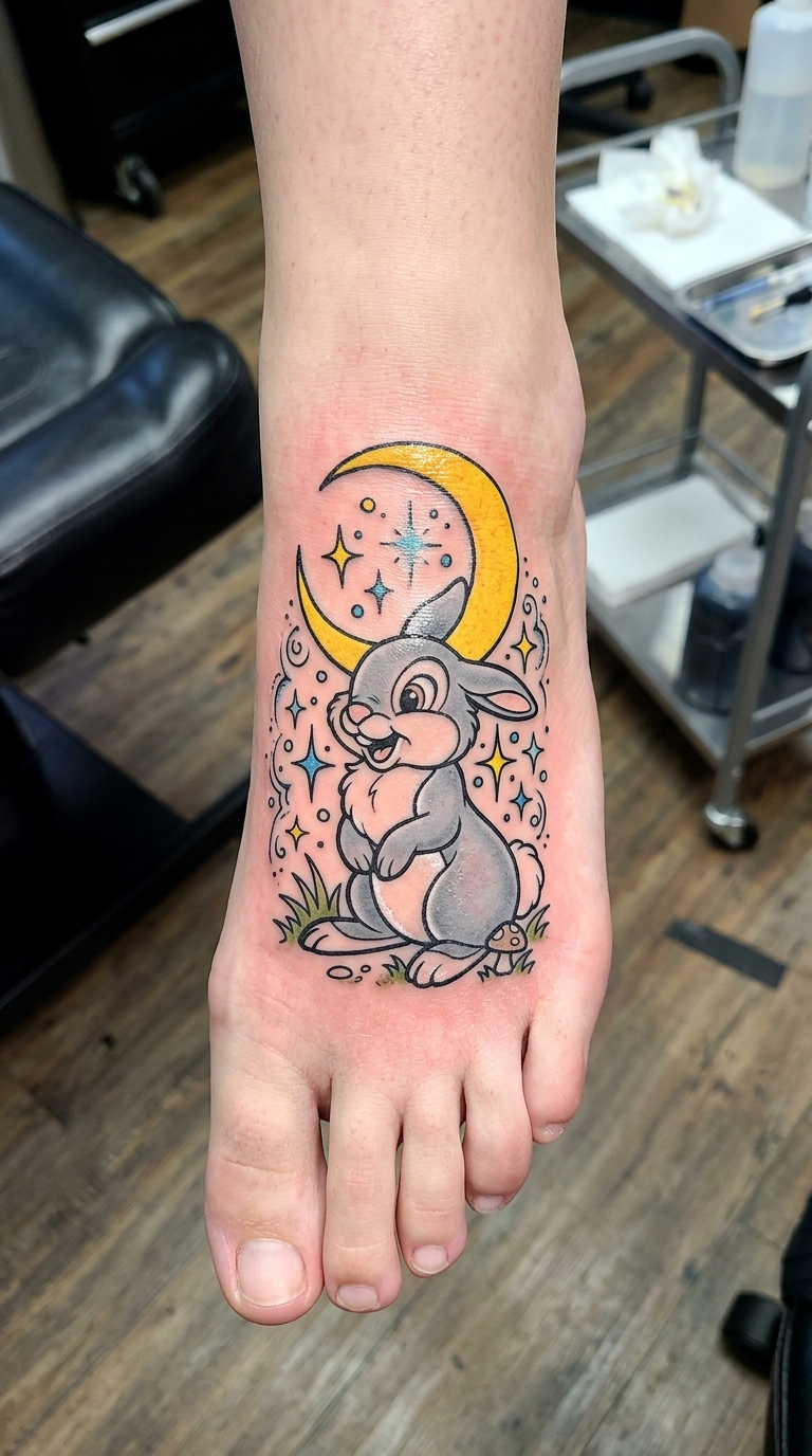 Hase im Mondschein als Comic Tattoo für den Fuß