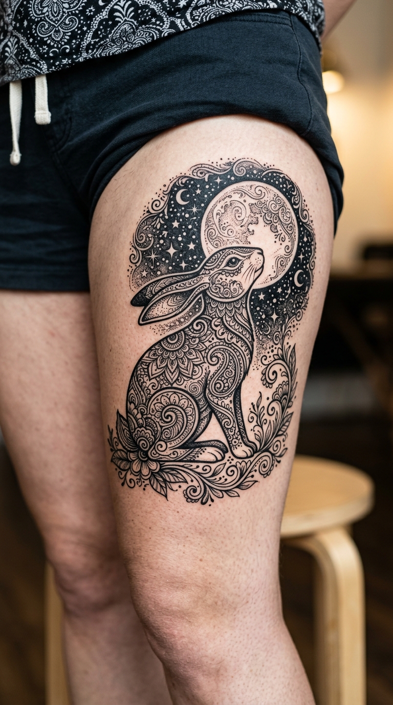 Hase im Mondschein als filigranes Henna Tattoo für den Oberschenkel