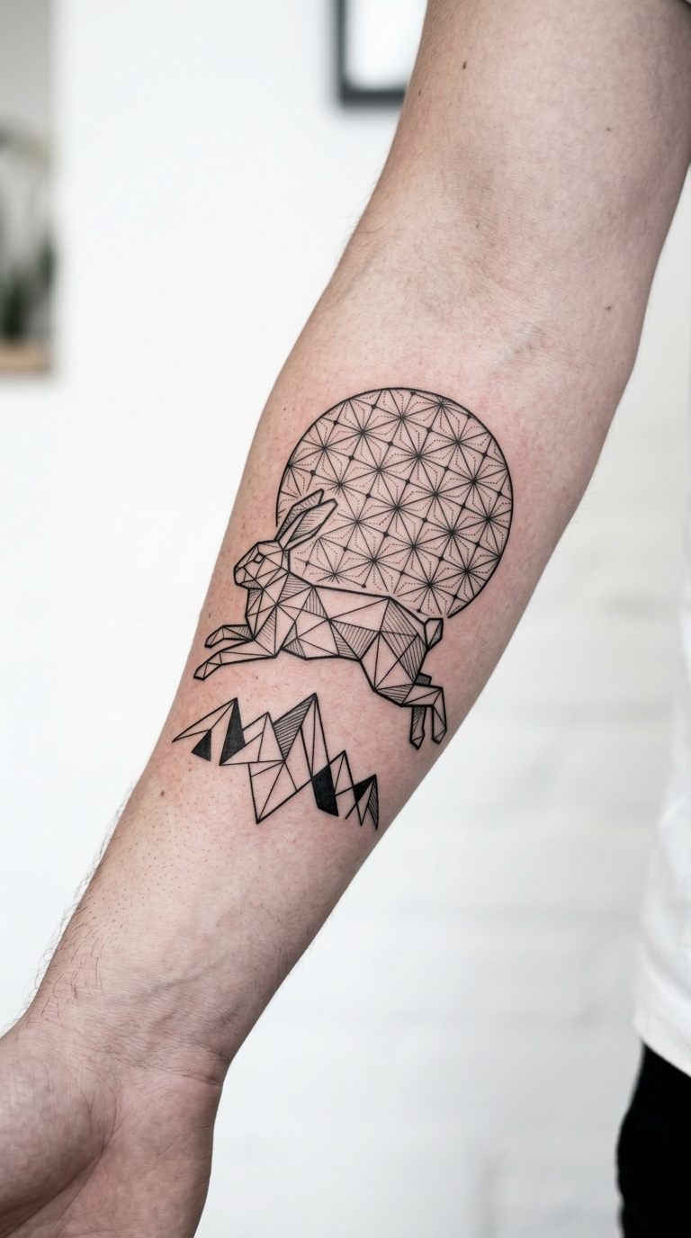 Hase im Mondschein als geometrisches Tattoo für den Unterarm
